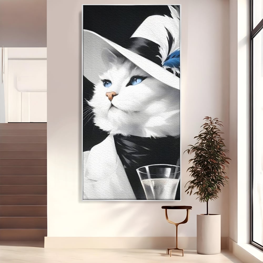 Tablou canvas cu tablou canvas cu pisica aristocrata purtand palarie, in rama de aluminiu argintiu